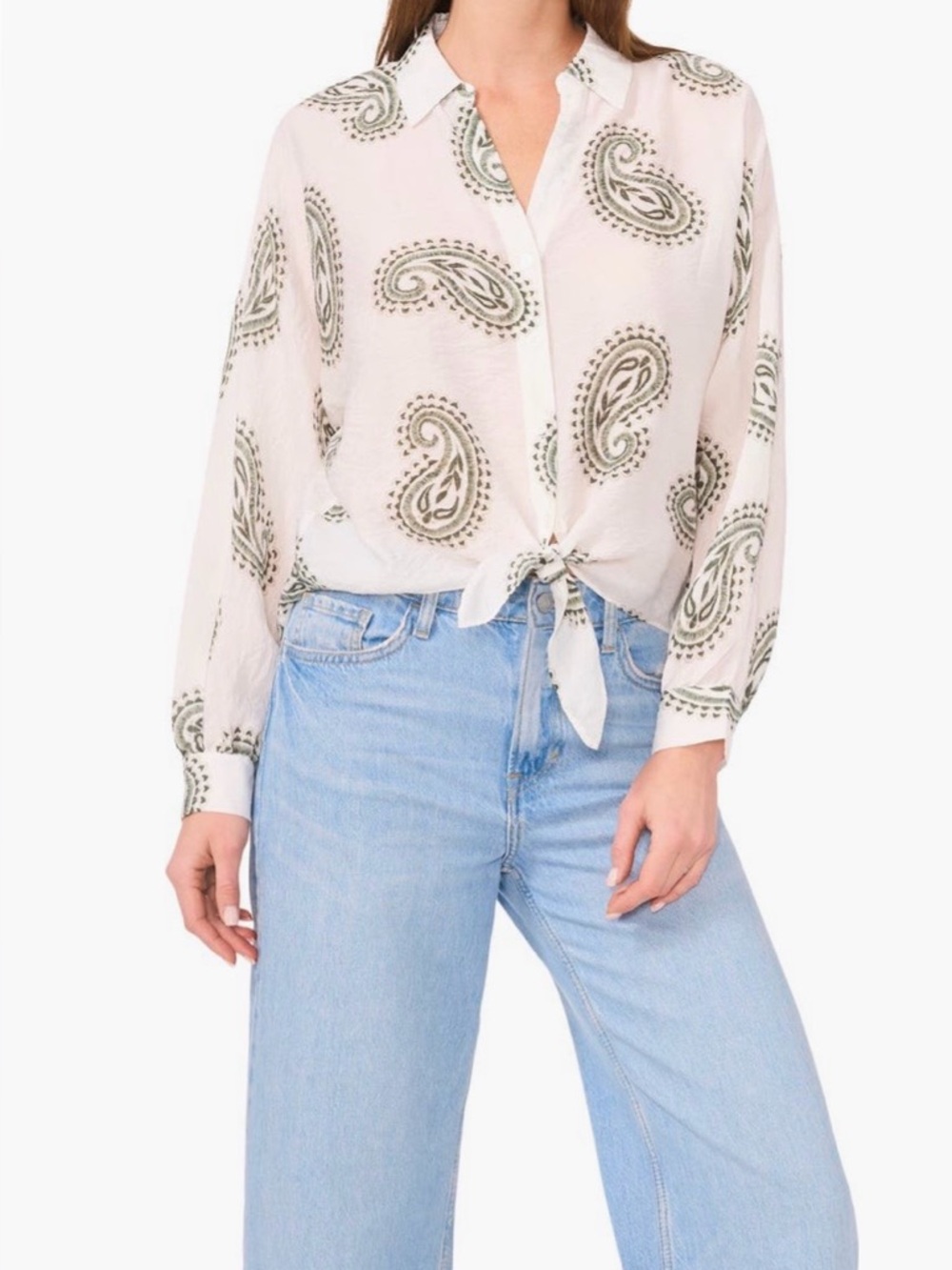 HALOGEN Woven Tie-Front Paisley Button-Up Top - White/Brown